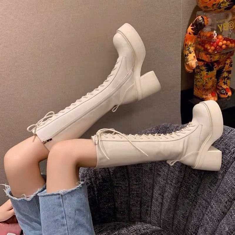 White  Boots Thick Bottom High - Pipe Bending Spring ulasan dan harga